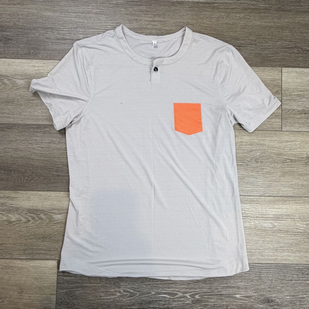 Lululemon Shirt Mens Medium Gray Striped Henley Pocket Athletic Running Tee